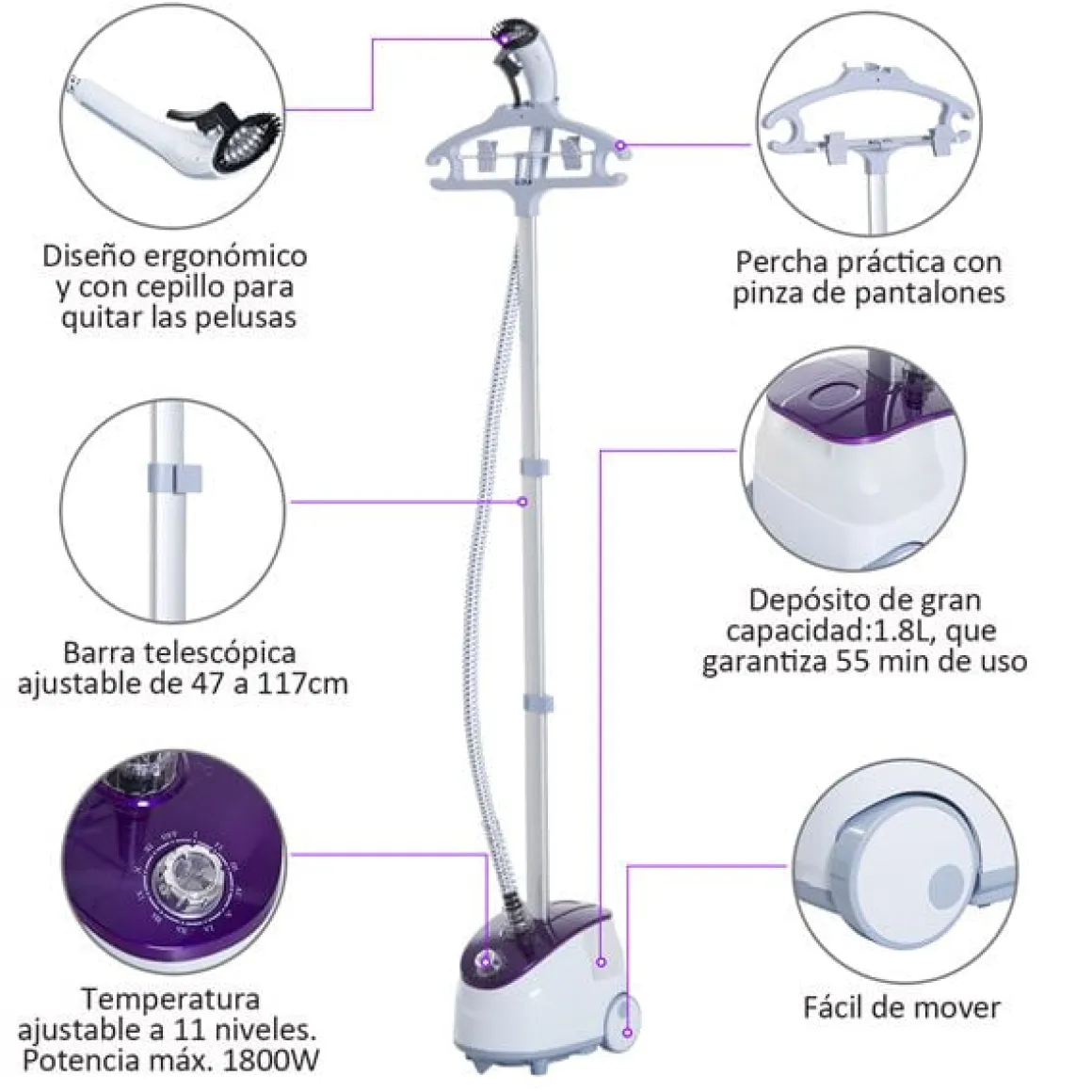 Centro de plachado vertical Homcom 1800W 1,8L 11 niveles de temperatura