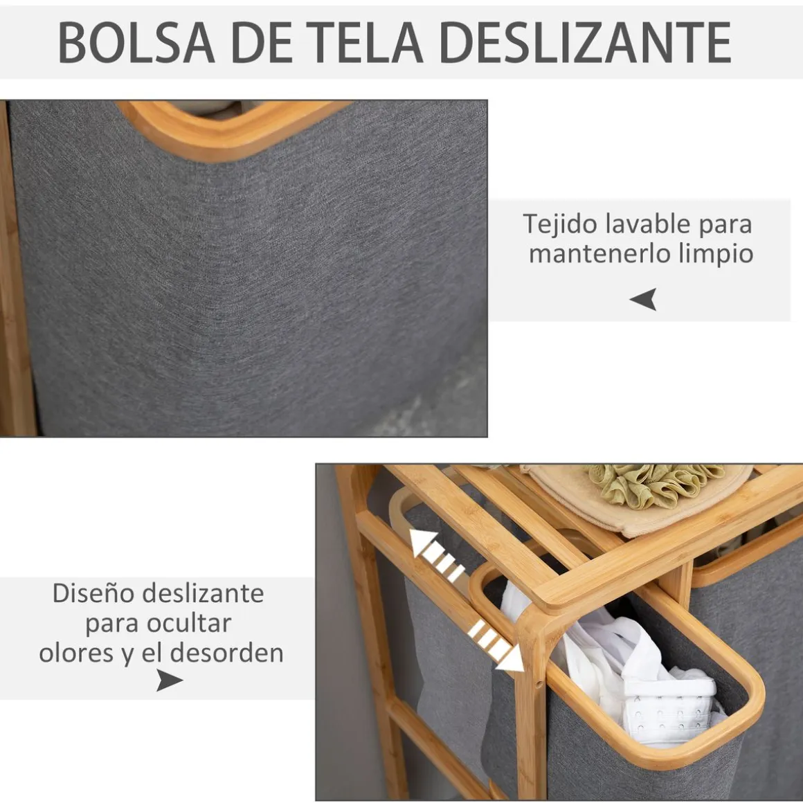 Cesto de la ropa sucia Mosas Homcom bambú 3 cestas gris 69,7x50x32 cm