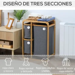 Cesto de la ropa sucia Mosas Homcom bambú 3 cestas gris 69,7x50x32 cm