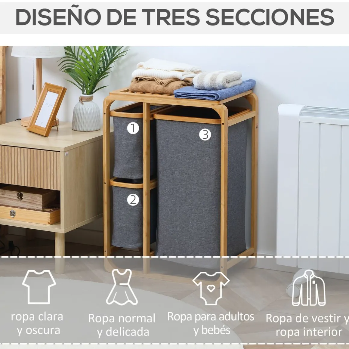 Cesto de la ropa sucia Mosas Homcom bambú 3 cestas gris 69,7x50x32 cm