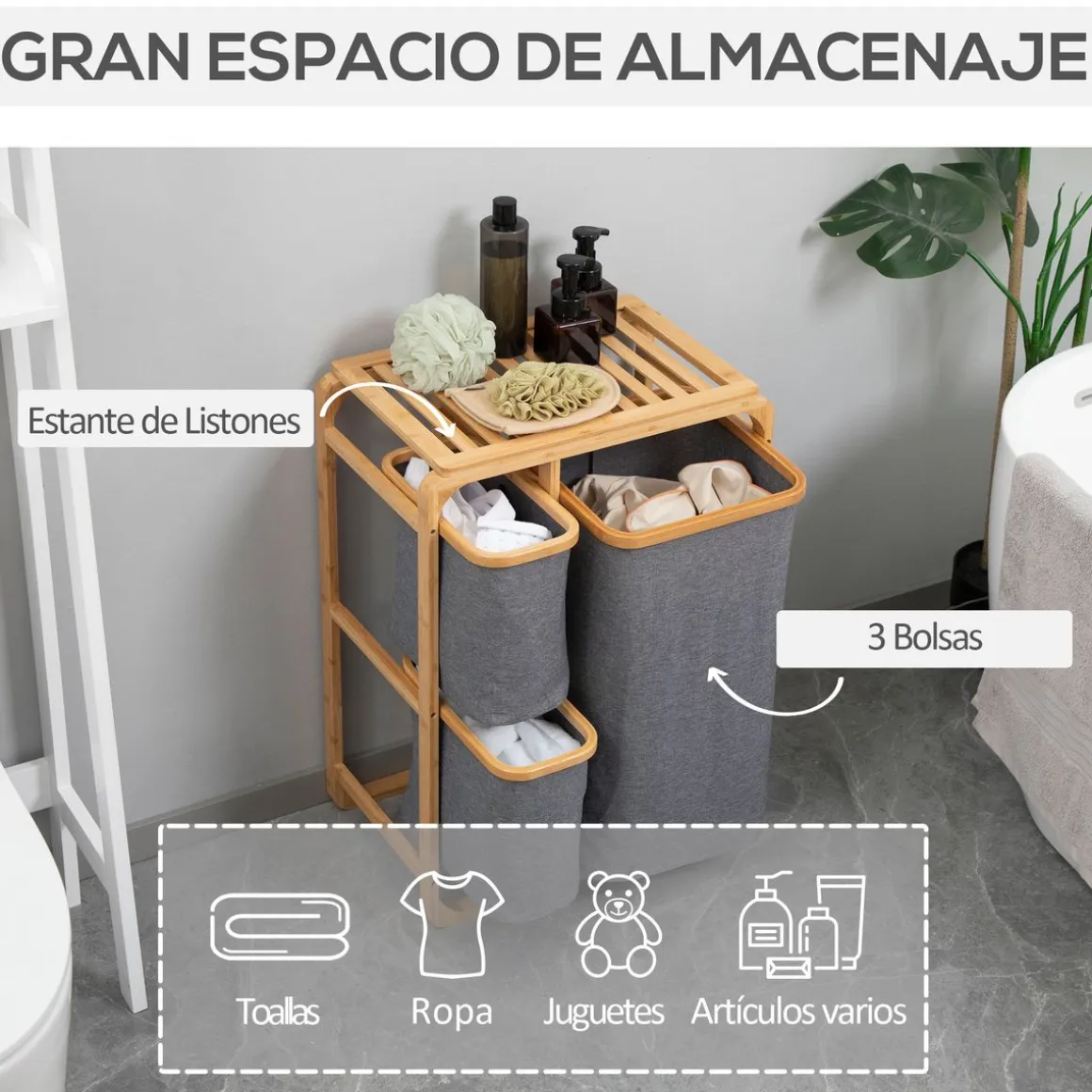 Cesto de la ropa sucia Mosas Homcom bambú 3 cestas gris 69,7x50x32 cm