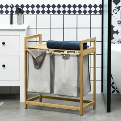 Cesto de ropa sucia Nalón Homcom 2 compartimentos + estante superior bambú gris/natural 73x33x64 cm