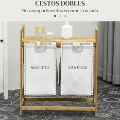 Cesto de ropa sucia Nalón Homcom 2 compartimentos + estante superior bambú gris/natural 73x33x64 cm