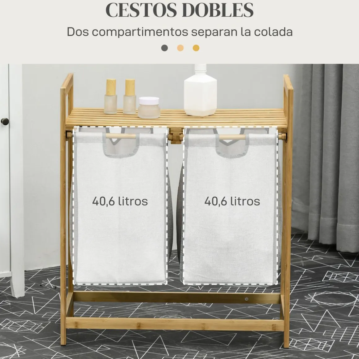 Cesto de ropa sucia Nalón Homcom 2 compartimentos + estante superior bambú gris/natural 73x33x64 cm