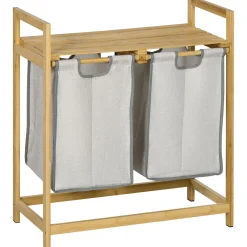 Cesto de ropa sucia Nalón Homcom 2 compartimentos + estante superior bambú gris/natural 73x33x64 cm