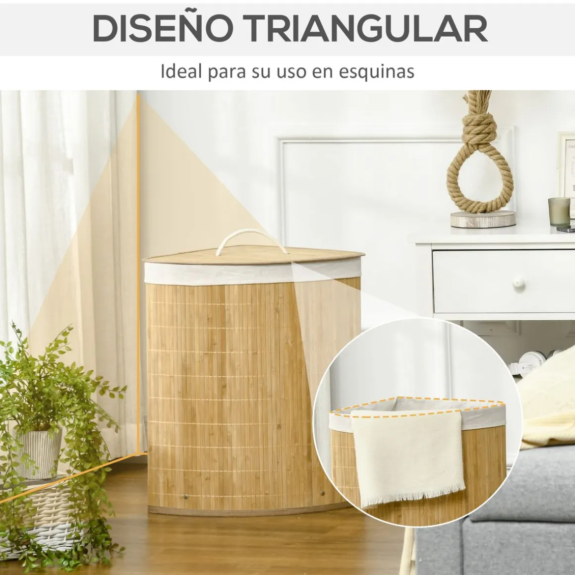Cesto de ropa sucia Nervión Homcom esquinero con tapa bambú 57x38x38 cm
