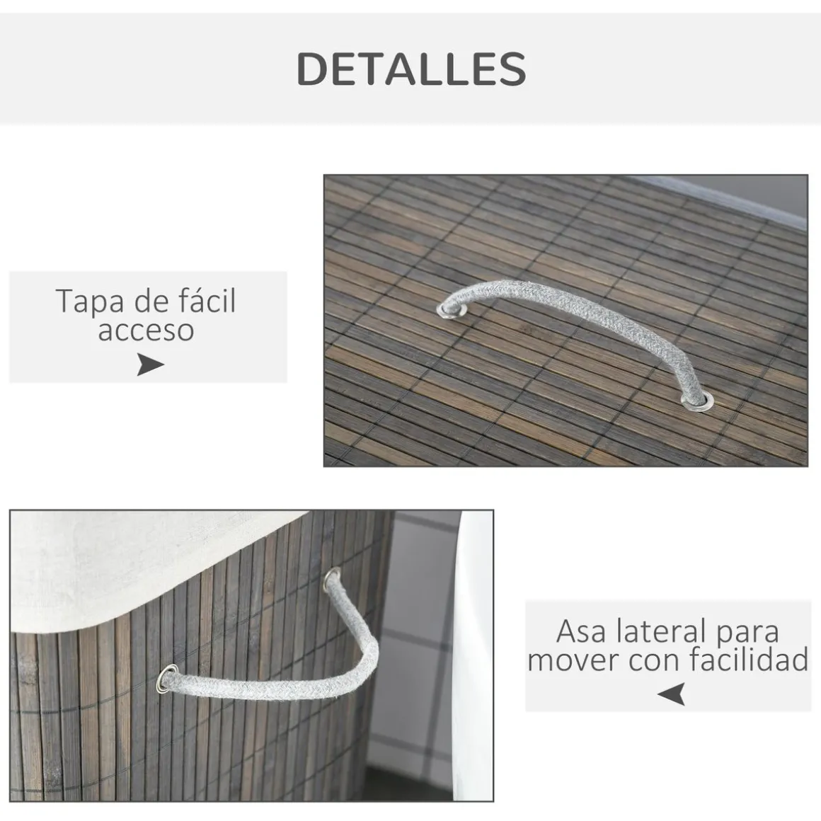 Cesto de ropa sucia Segura Homcom 2 compartimentos + tapa bambú gris 58x33x26 cm