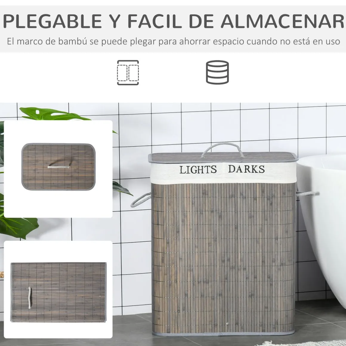 Cesto de ropa sucia Segura Homcom 2 compartimentos + tapa bambú gris 58x33x26 cm
