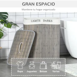 Cesto de ropa sucia Segura Homcom 2 compartimentos + tapa bambú gris 58x33x26 cm