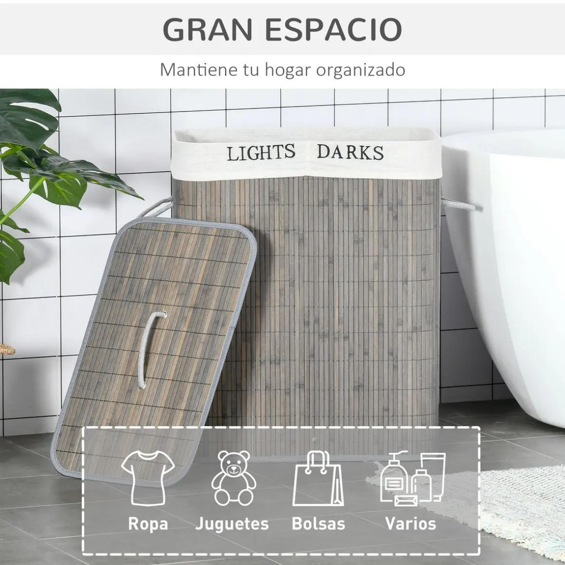 Cesto de ropa sucia Segura Homcom 2 compartimentos + tapa bambú gris 58x33x26 cm