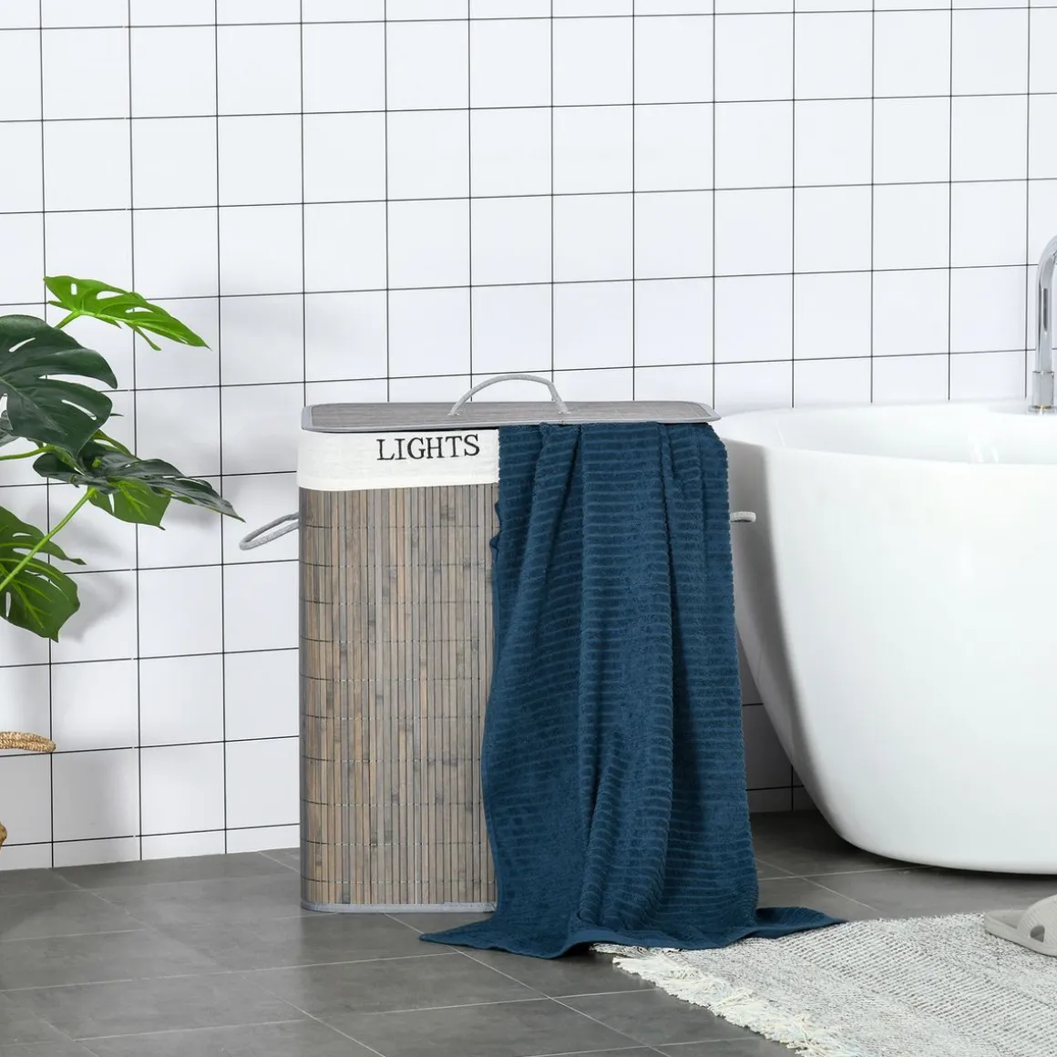 Cesto de ropa sucia Segura Homcom 2 compartimentos + tapa bambú gris 58x33x26 cm