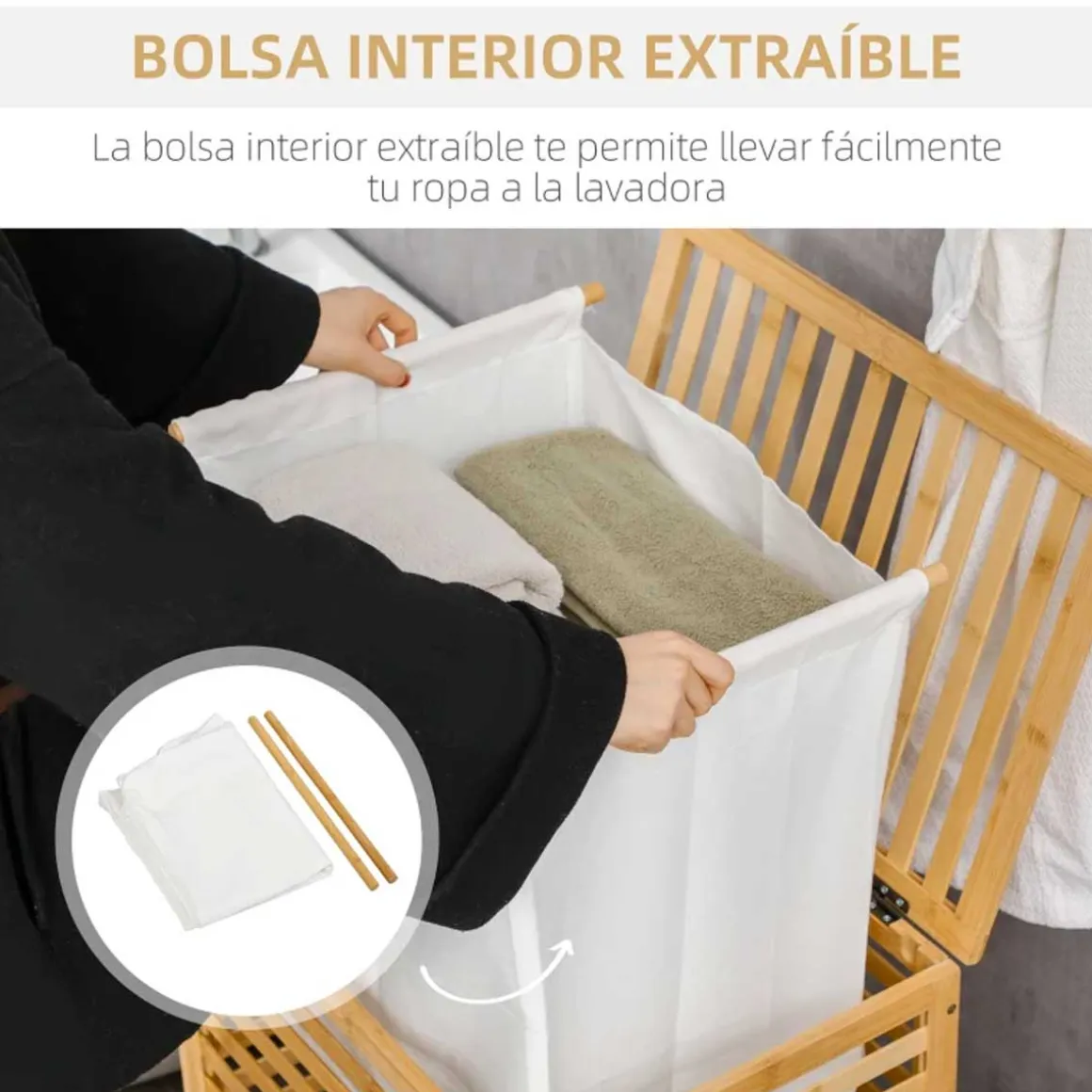 Cesto multiusos Bamboo Homcom 55L bolsa extraíble natural 60x50x36 cm
