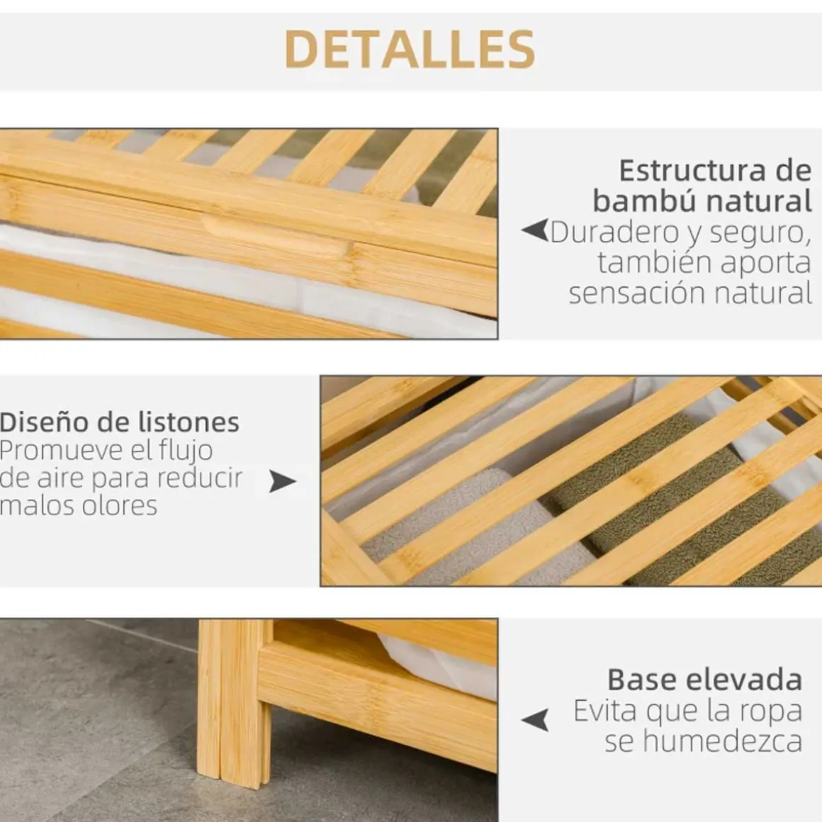 Cesto multiusos Bamboo Homcom 55L bolsa extraíble natural 60x50x36 cm