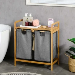 Cesto para ropa sucia Homcom 2 bolsas extraíbles + estante bambú natural 73x63,5x33 cm