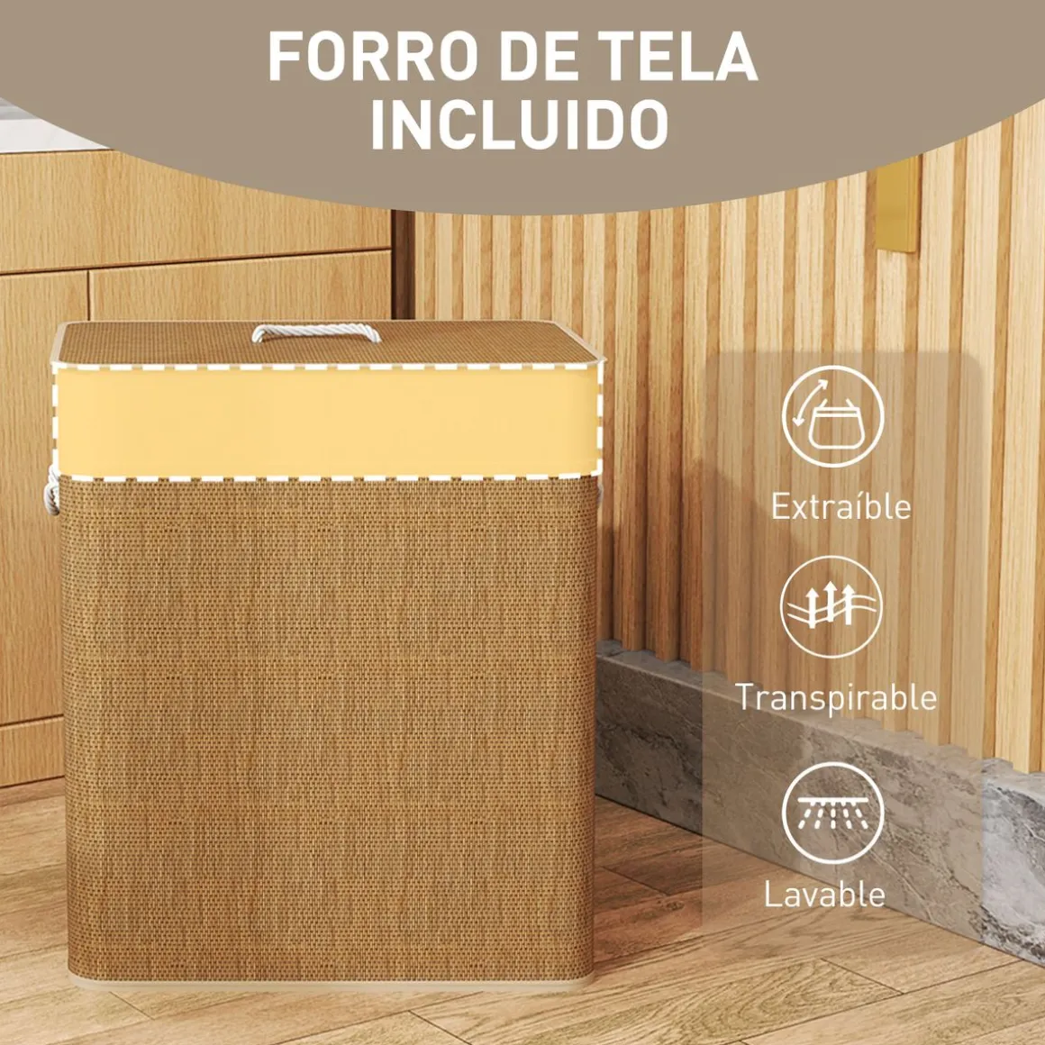 Cesto para ropa sucia Jodie Homcom 100L 2 cestas con tapa 63x52x32 cm