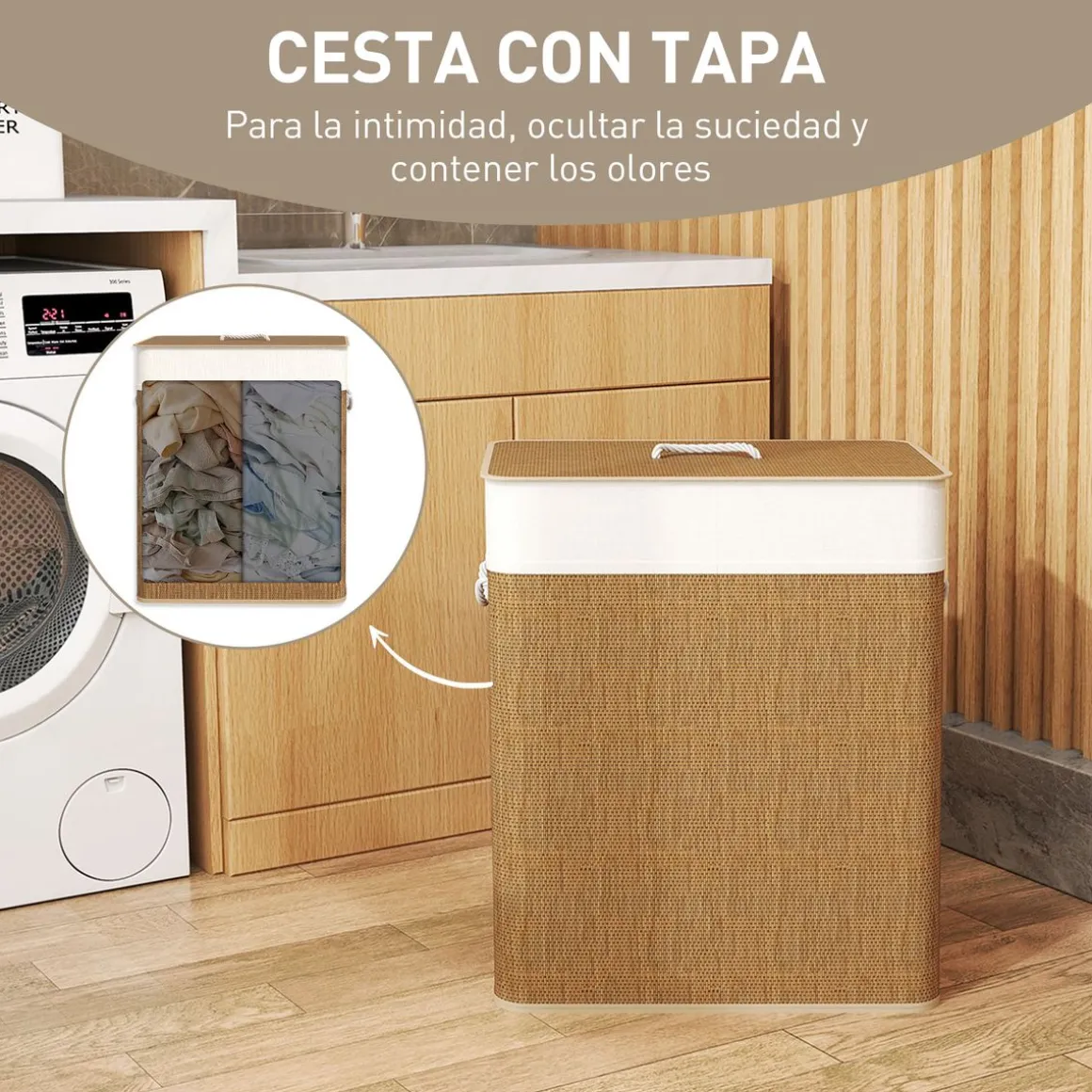 Cesto para ropa sucia Jodie Homcom 100L 2 cestas con tapa 63x52x32 cm