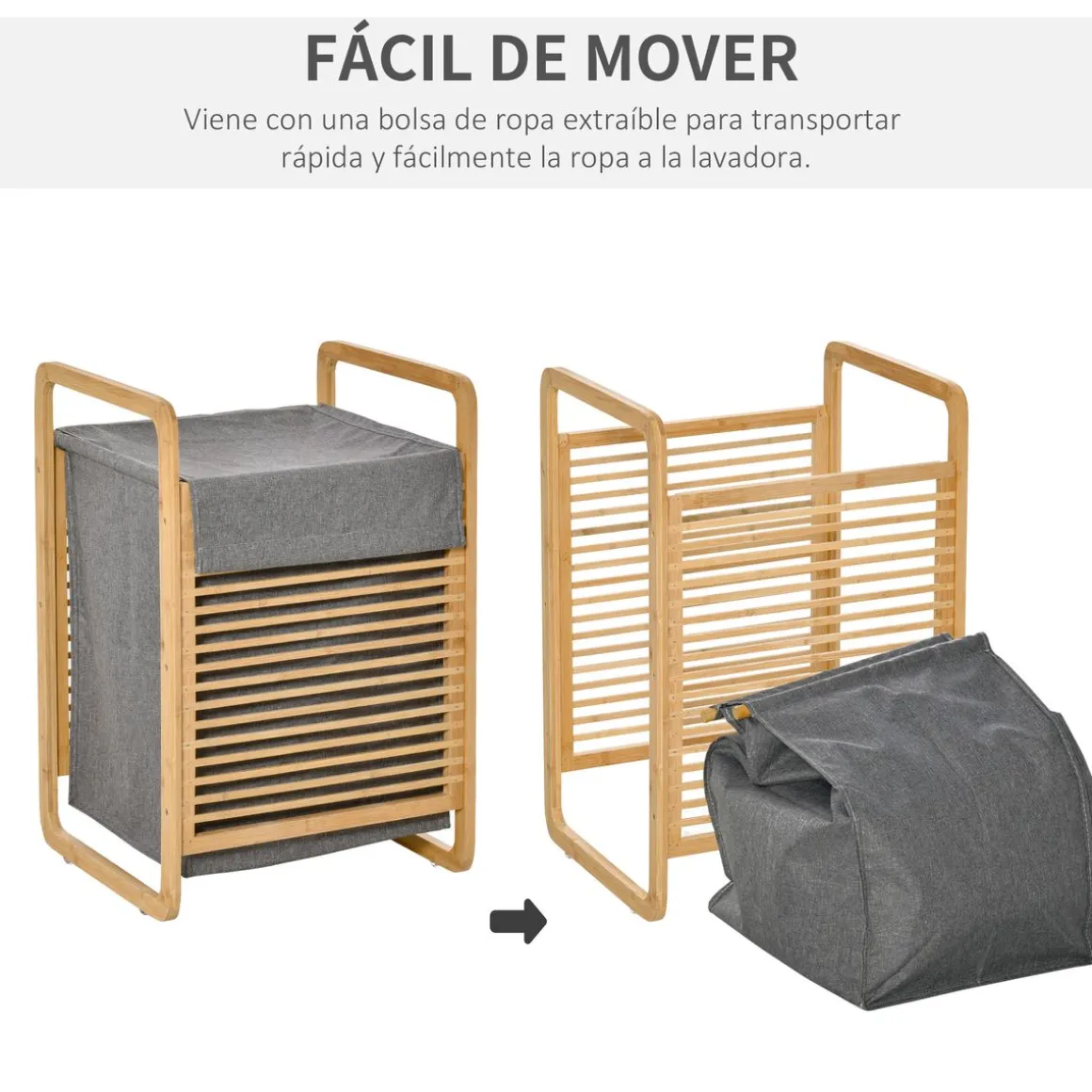Cesto para ropa sucia Luxe Homcom con bolsa extraíble bambú natural/gris 60,5x35,5x40