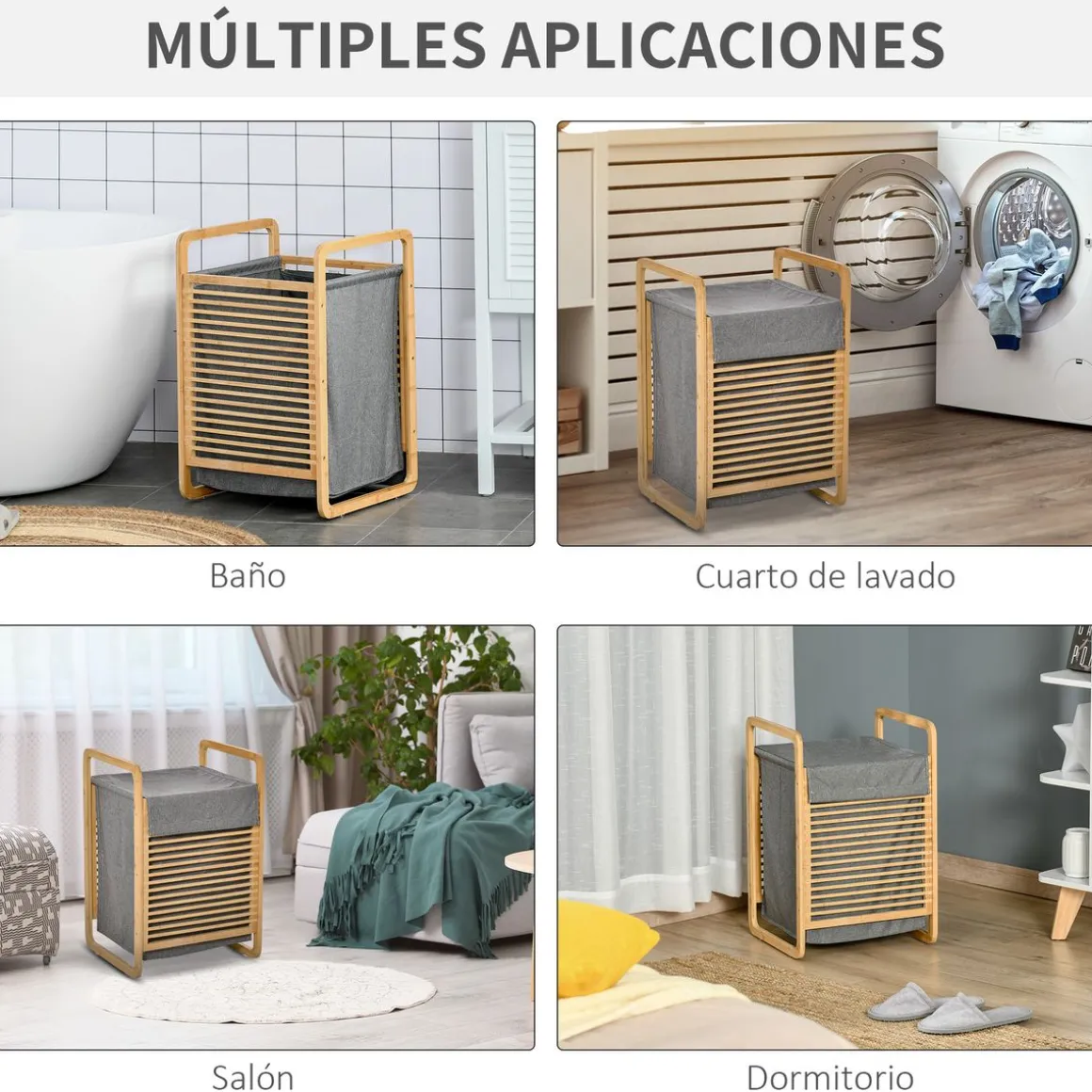 Cesto para ropa sucia Luxe Homcom con bolsa extraíble bambú natural/gris 60,5x35,5x40