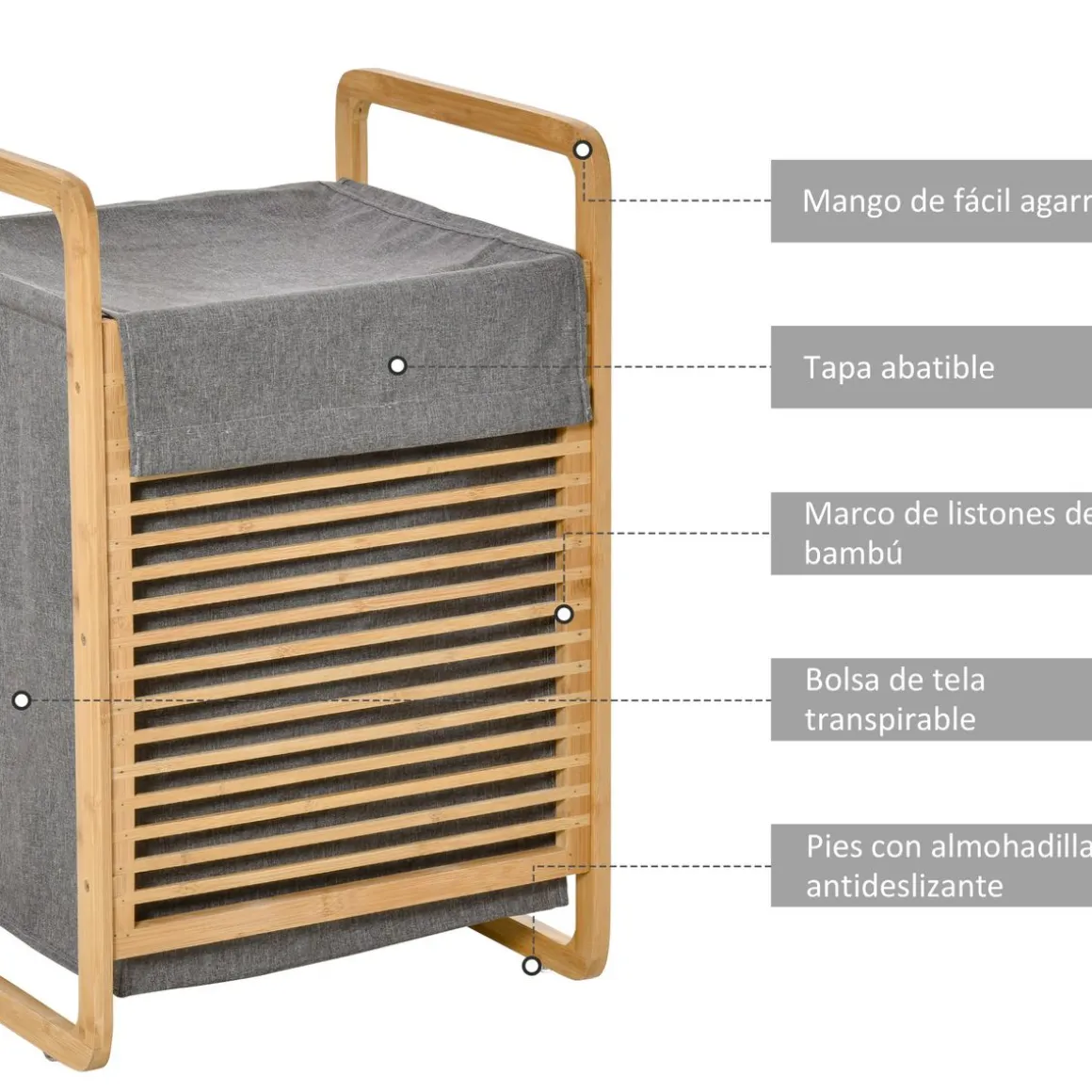 Cesto para ropa sucia Luxe Homcom con bolsa extraíble bambú natural/gris 60,5x35,5x40