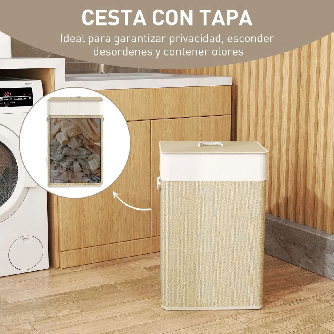 Cesto para ropa sucia Pirineo Homcom 72L bolsa extraíble 60x40x30 cm