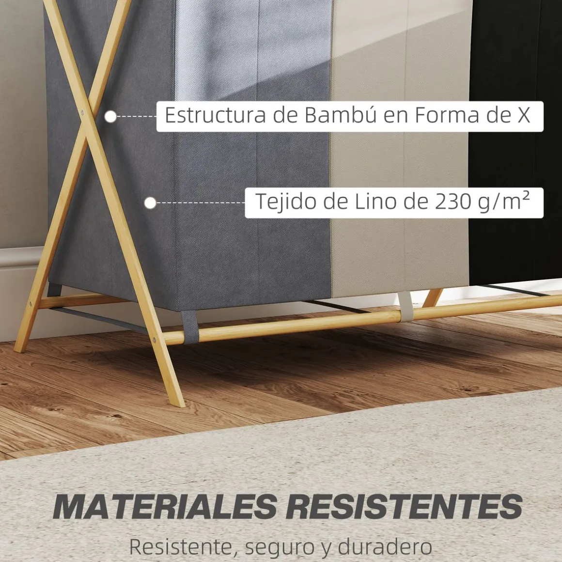 Cesto para ropa sucia Riku Homcom 129L 3 compartimentos multicolor 67x75x48 cm