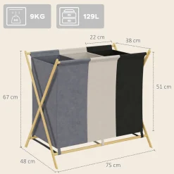 Cesto para ropa sucia Riku Homcom 129L 3 compartimentos multicolor 67x75x48 cm