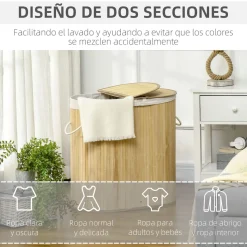 Cesto para ropa sucia Ying Yang Homcom 100L 2 compartimentos 60,5x62,5x37 cm