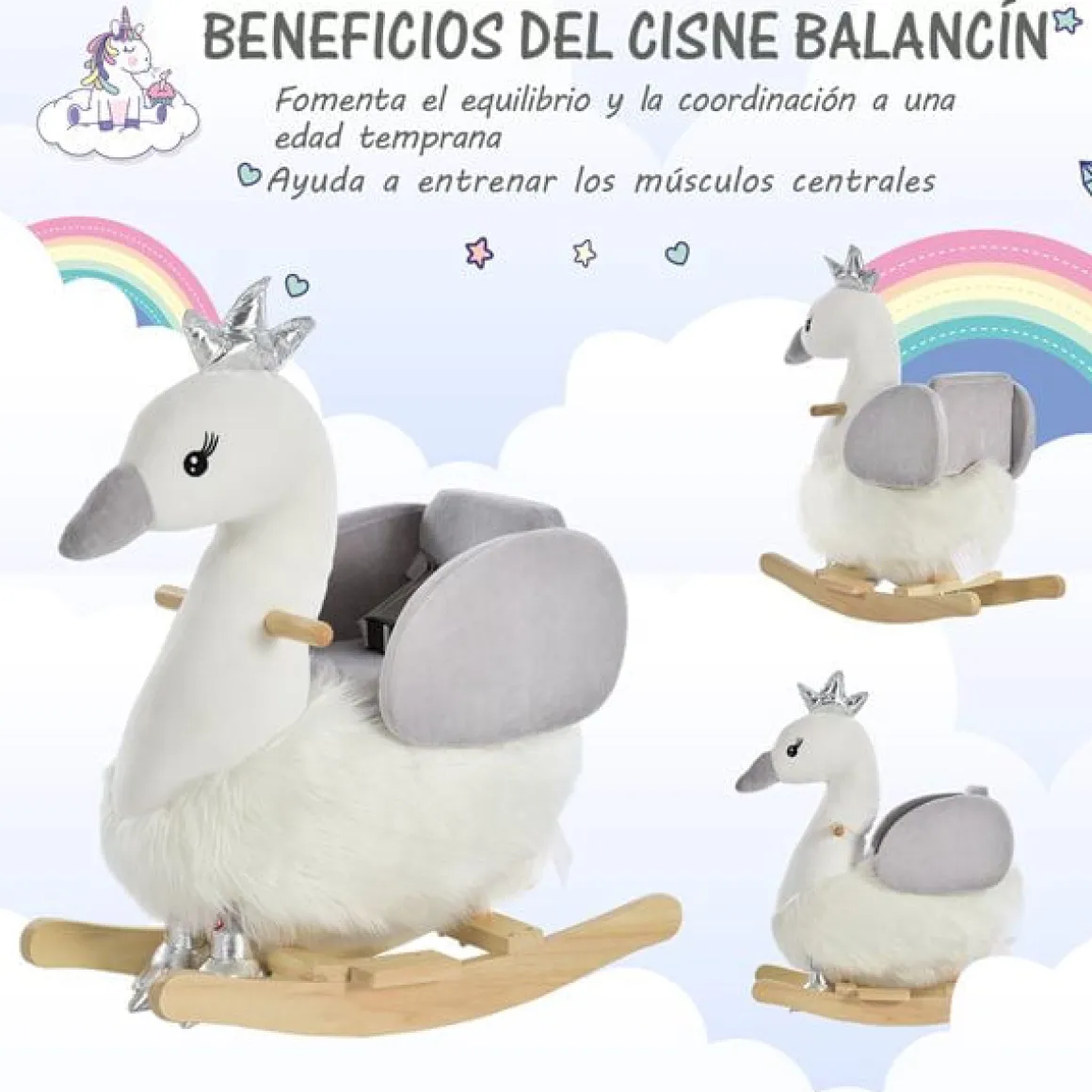 Cisne balancín Homcom +18 meses con reposapiés+cinturón blanco/gris 59x60x33 cm
