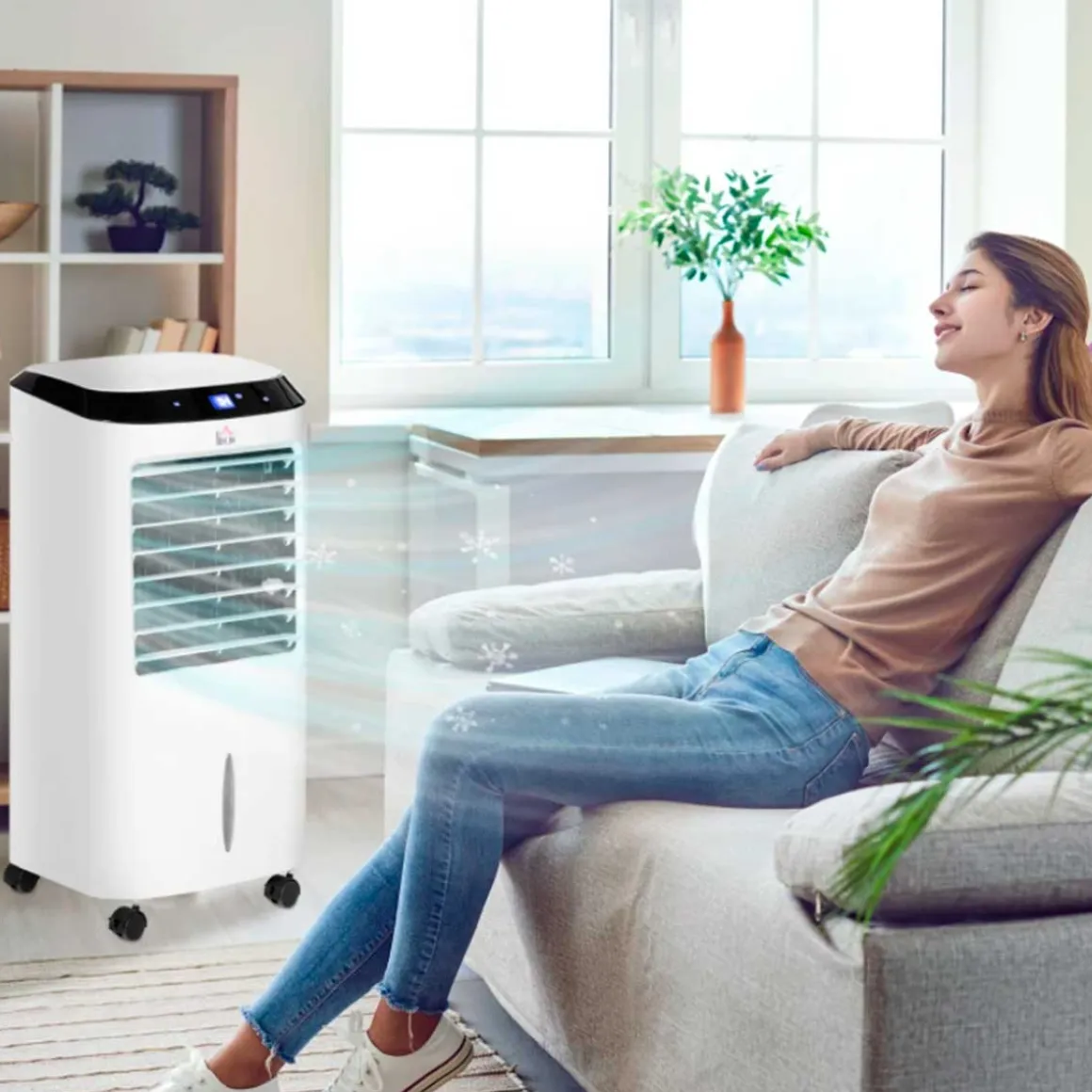 Climatizador de aire portátil Homcom con mando 10L 60W 3 velocidades 3 modos con temporizador y ruedas blanco 76x38,2x31,6 cm