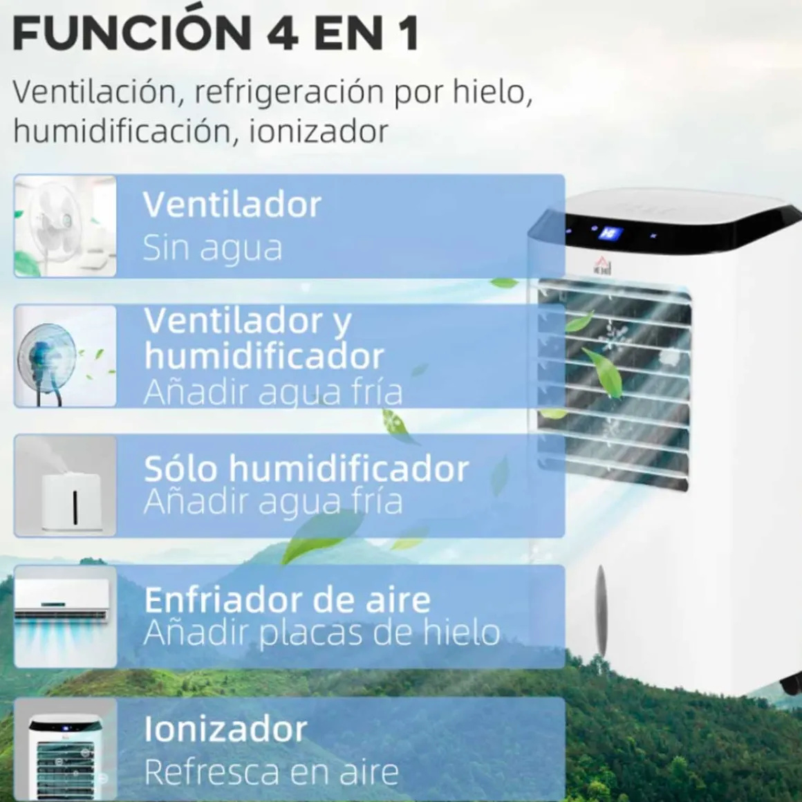Climatizador de aire portátil Homcom con mando 10L 60W 3 velocidades 3 modos con temporizador y ruedas blanco 76x38,2x31,6 cm
