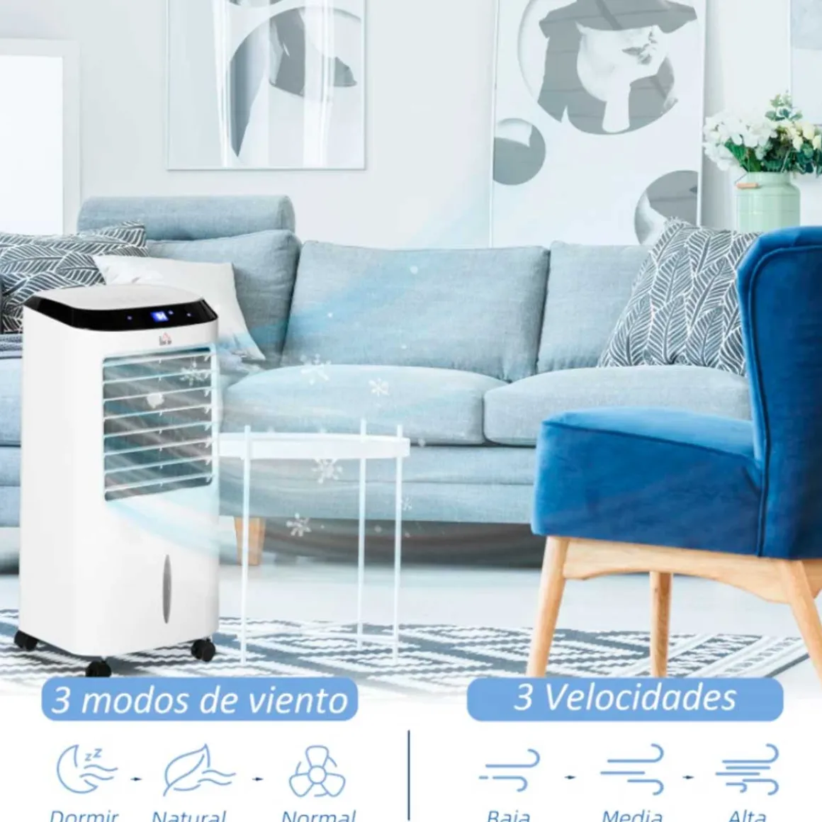 Climatizador de aire portátil Homcom con mando 10L 60W 3 velocidades 3 modos con temporizador y ruedas blanco 76x38,2x31,6 cm