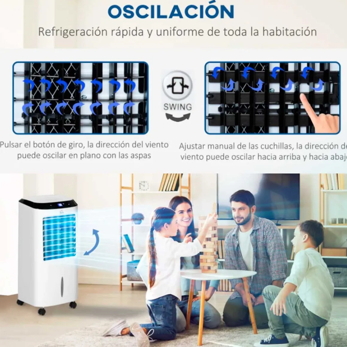 Climatizador de aire portátil Homcom con mando 10L 60W 3 velocidades 3 modos con temporizador y ruedas blanco 76x38,2x31,6 cm