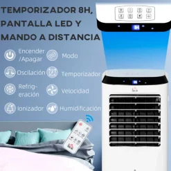 Climatizador de aire portátil Homcom con mando 10L 60W 3 velocidades 3 modos con temporizador y ruedas blanco 76x38,2x31,6 cm