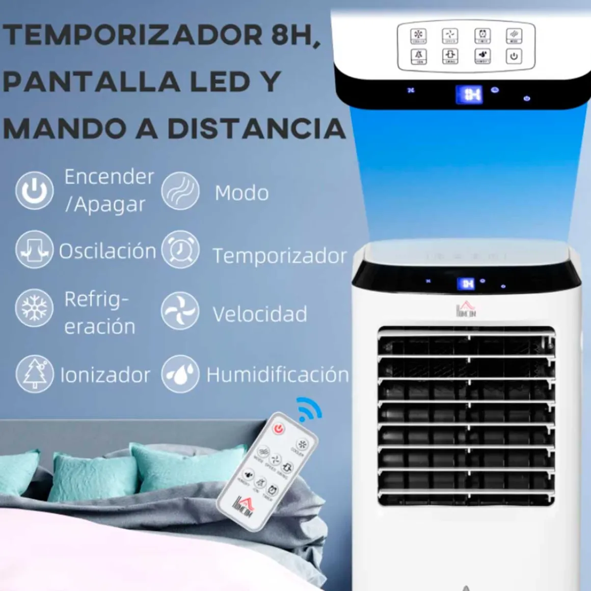 Climatizador de aire portátil Homcom con mando 10L 60W 3 velocidades 3 modos con temporizador y ruedas blanco 76x38,2x31,6 cm