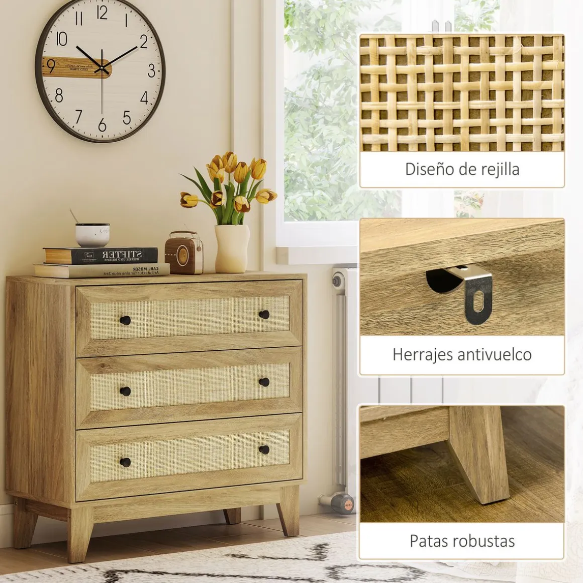 Cómoda Atelier Homcom 3 cajones natural 76x80x35 cm