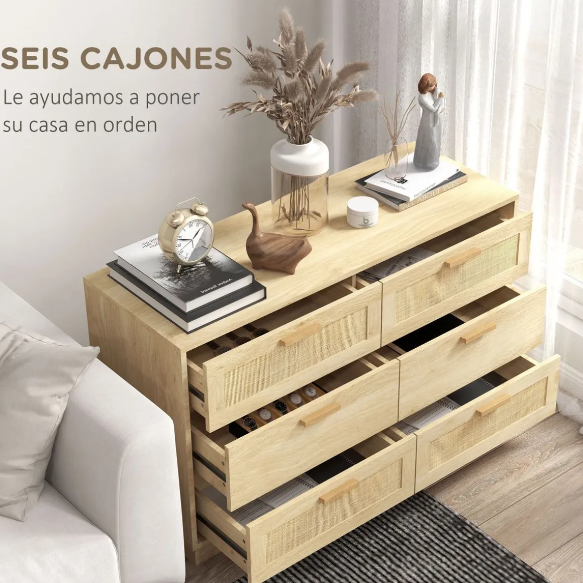 Cómoda Audrey 6 cajones estilo bohemio natural 69x110x40 cm