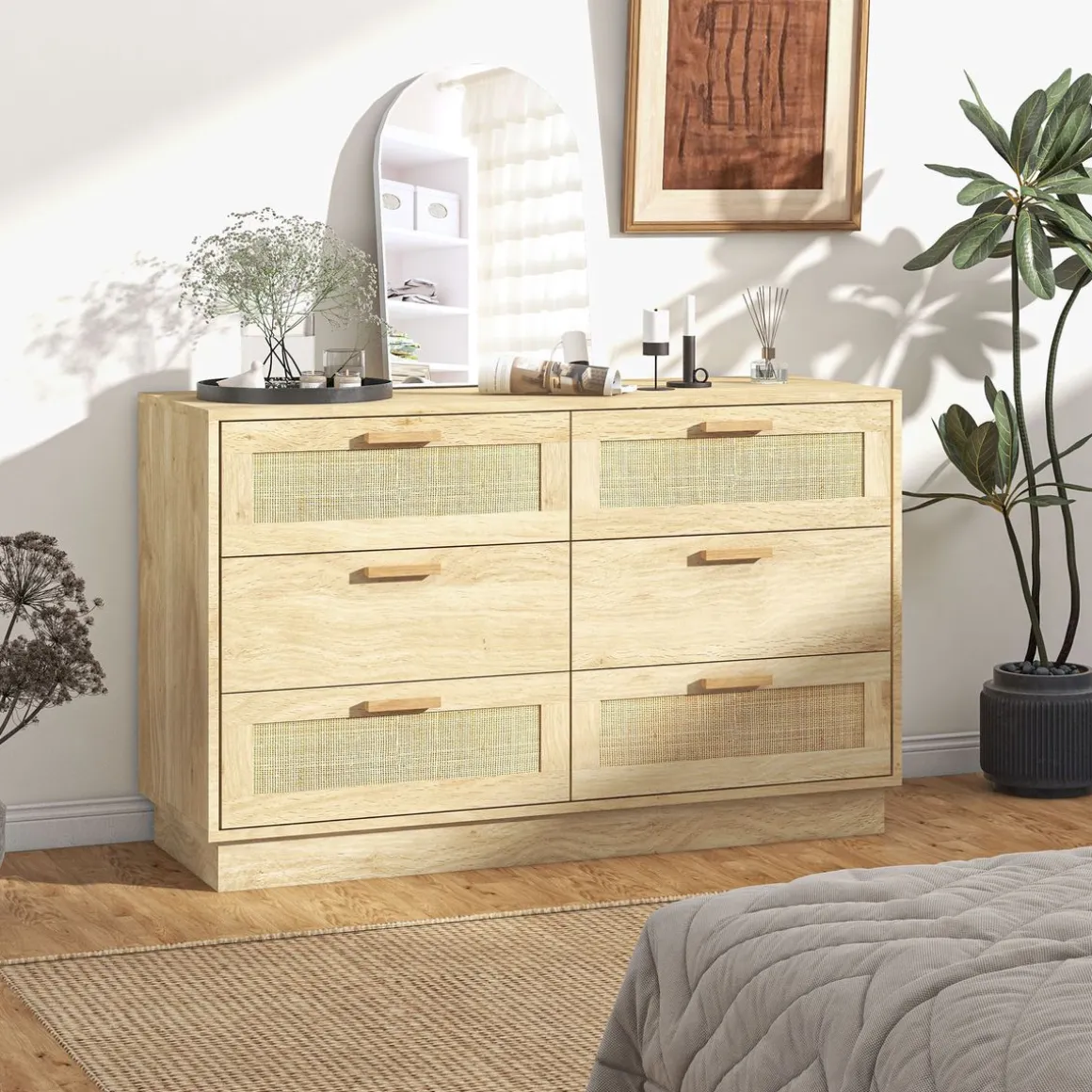 Cómoda Audrey 6 cajones estilo bohemio natural 69x110x40 cm