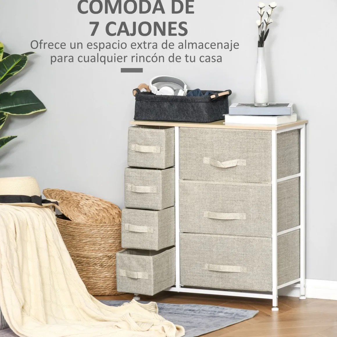 Cómoda Botanic Homcom 7 cajones de tela gris 63,5x30x71 cm