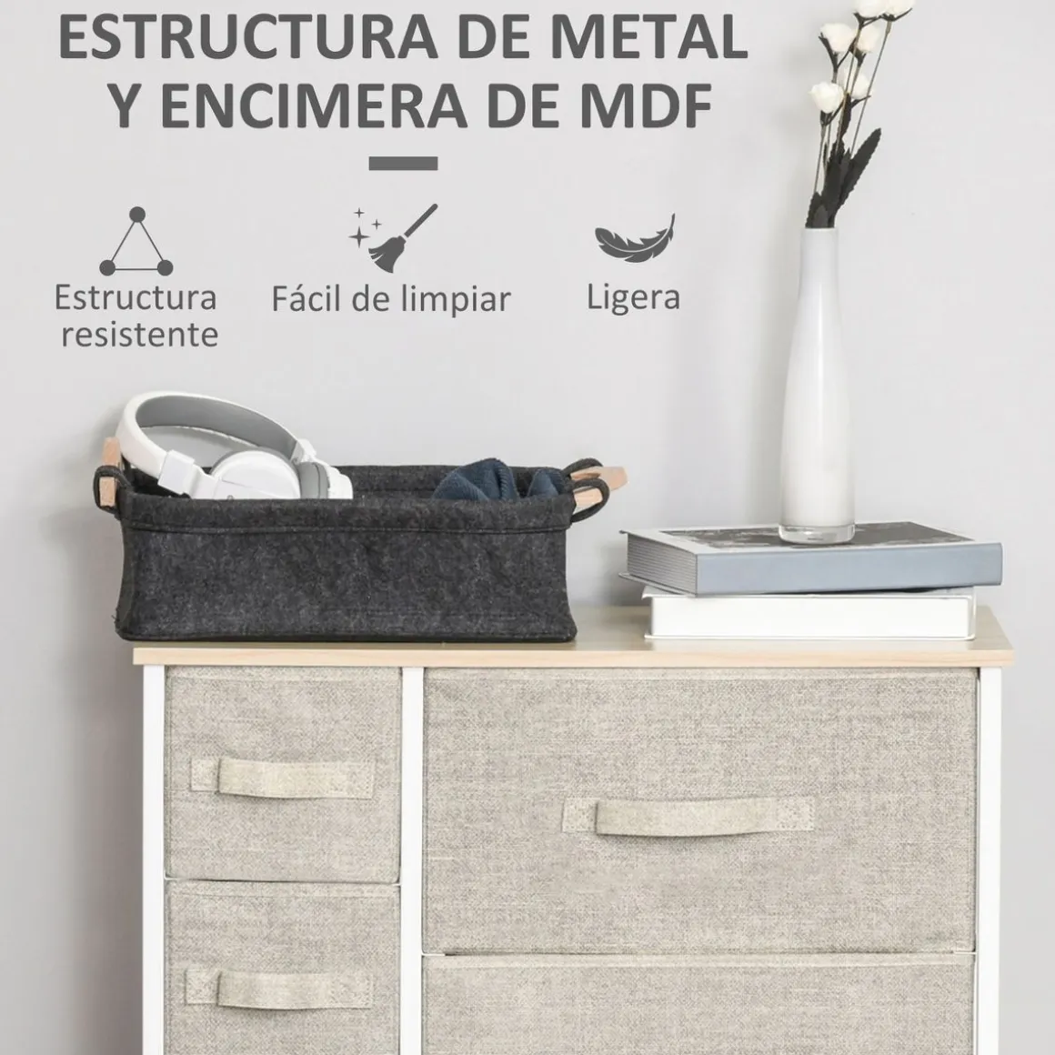Cómoda Botanic Homcom 7 cajones de tela gris 63,5x30x71 cm