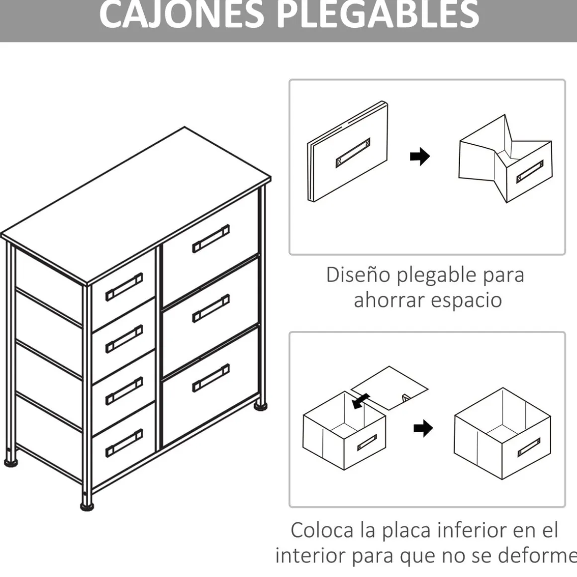 Cómoda Botanic Homcom 7 cajones de tela gris 63,5x30x71 cm