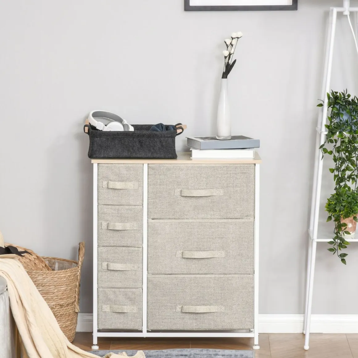 Cómoda Botanic Homcom 7 cajones de tela gris 63,5x30x71 cm