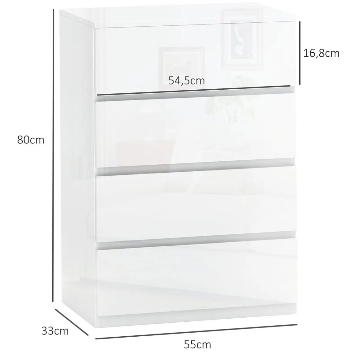 Cómoda Bromelia Homcom 4 cajones blanco brillo 80x55x33 cm