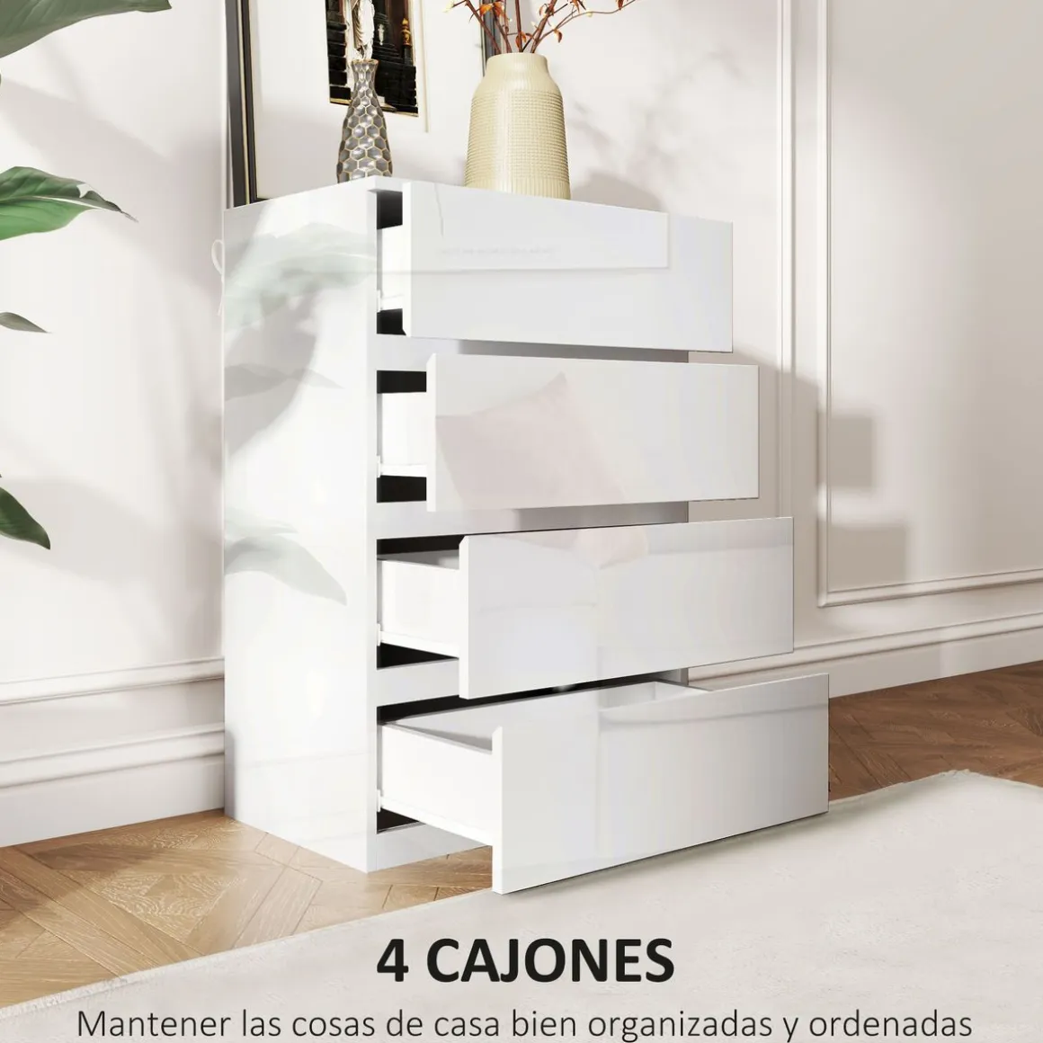 Cómoda Bromelia Homcom 4 cajones blanco brillo 80x55x33 cm