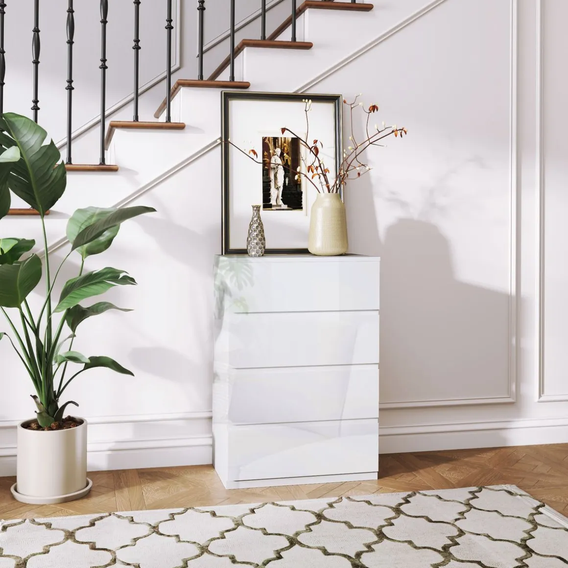 Cómoda Bromelia Homcom 4 cajones blanco brillo 80x55x33 cm