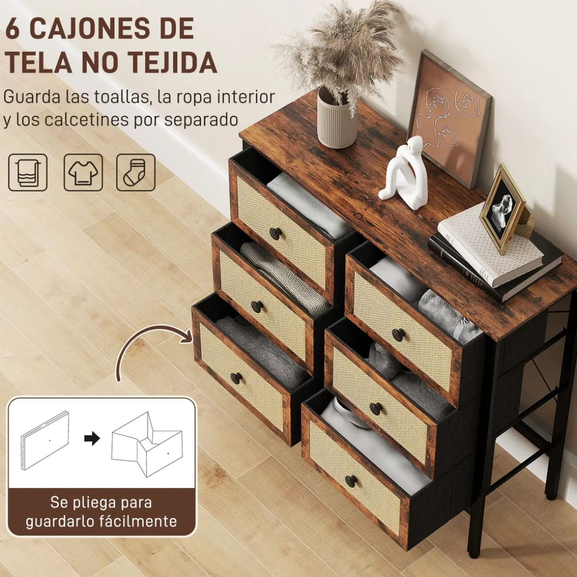 Cómoda Caramel Homcom 6 cajones negro/marrón 83x88x30 cm