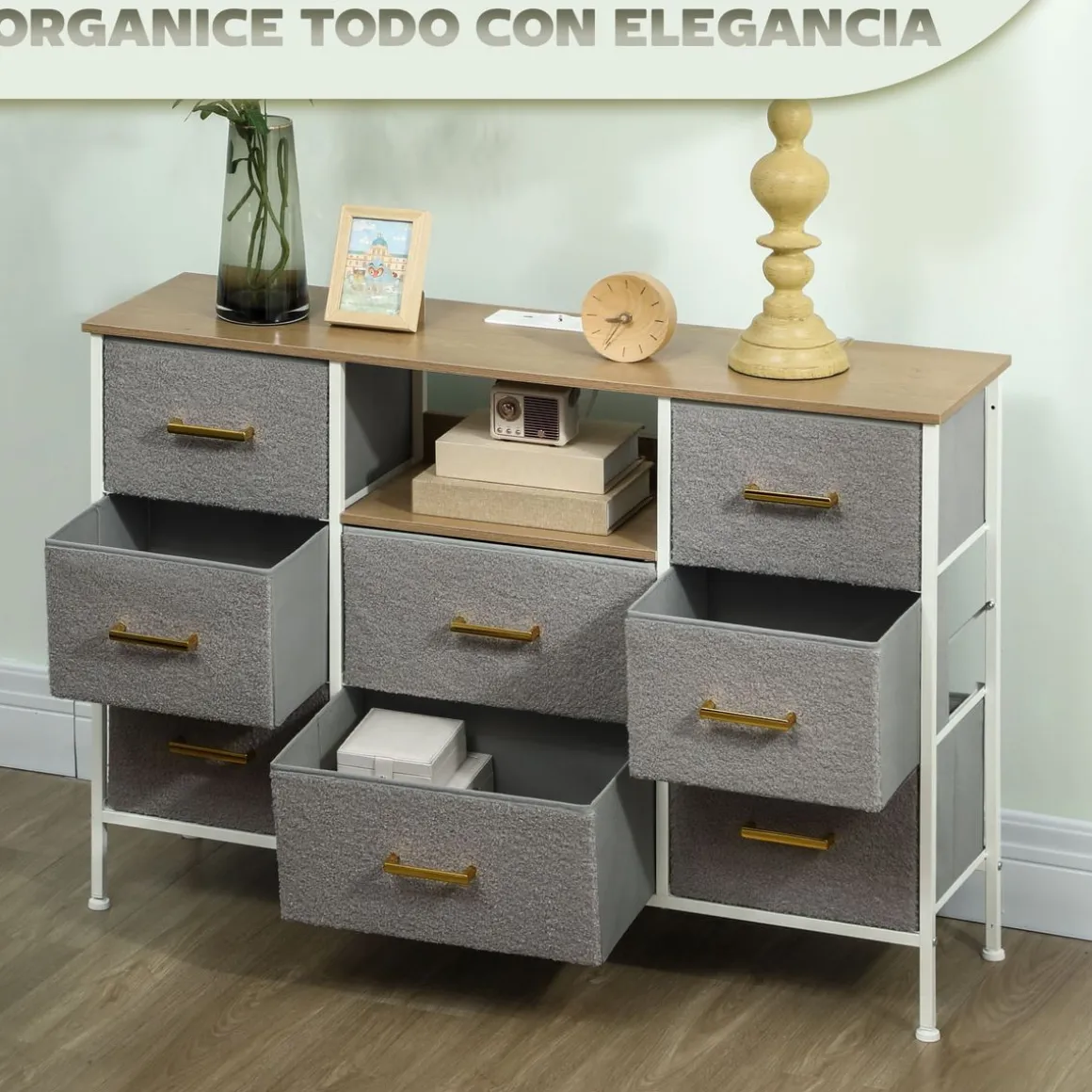 Cómoda Cedro Homcom cajones tela con estación de carga USB-C gris 76x110x30 cm