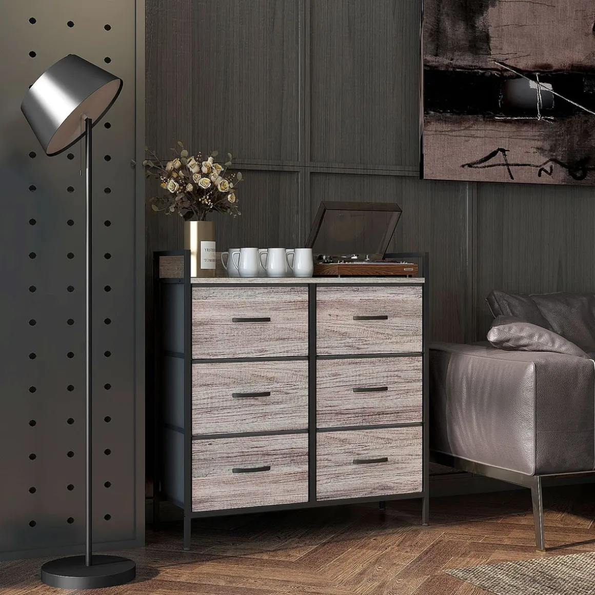 Cómoda Compás Homcom 6 cajones plegables gris 85x79x29 cm