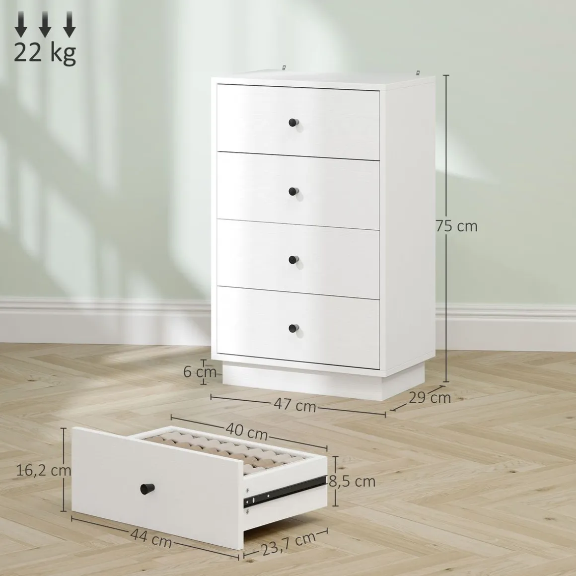 Cómoda Dakar Homcom 4 cajones blanco 75x47x29 cm