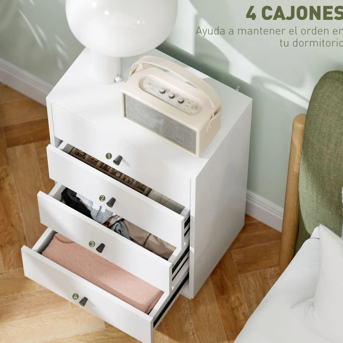 Cómoda Dakar Homcom 4 cajones blanco 75x47x29 cm