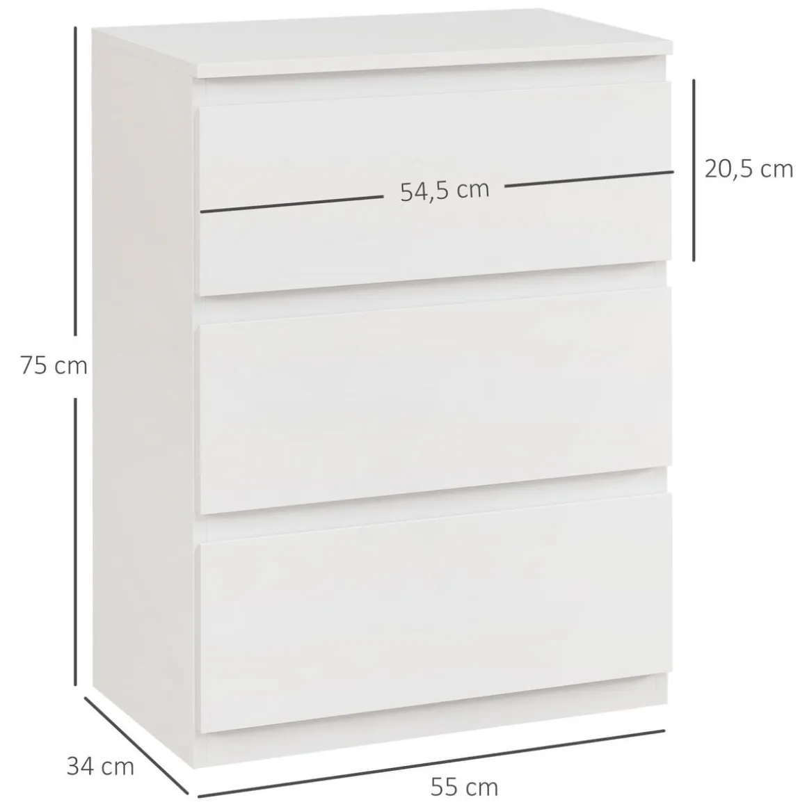 Cómoda Dinamarca Homcom 3 cajones blanco 75x55x34 cm